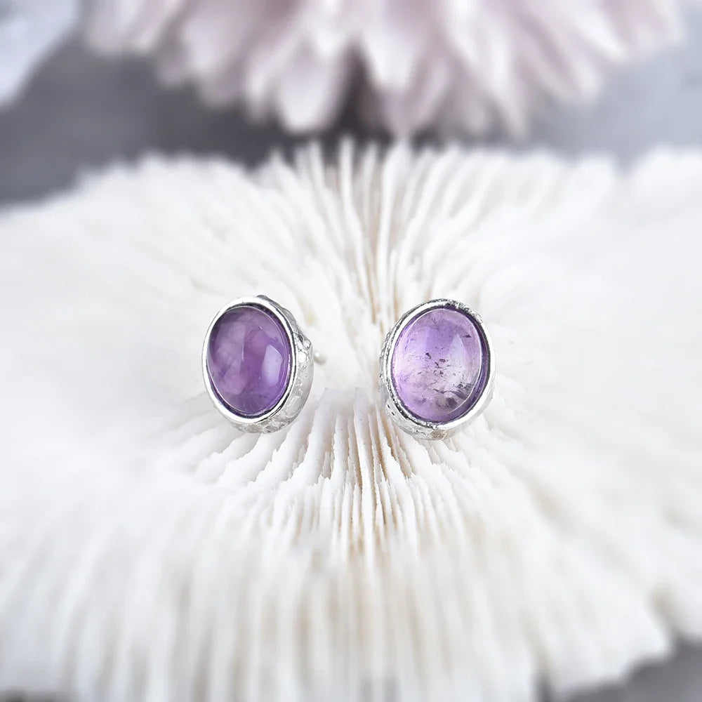 Boucles d'oreilles en argent 925 avec pierres précieuses ovales (labradorite, pierre de lune naturelle, quartz rose ou améthyste) – Clous d'oreilles délicats pour femme
