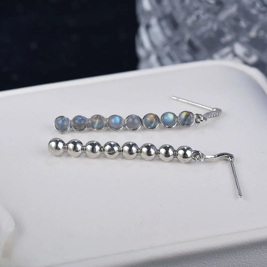 Boucles d'oreilles pendantes géométriques en argent 925 et labradorite – Élégantes boucles d'oreilles avec cercle et pendentif vertical – Bijou pour femme – Idée cadeau