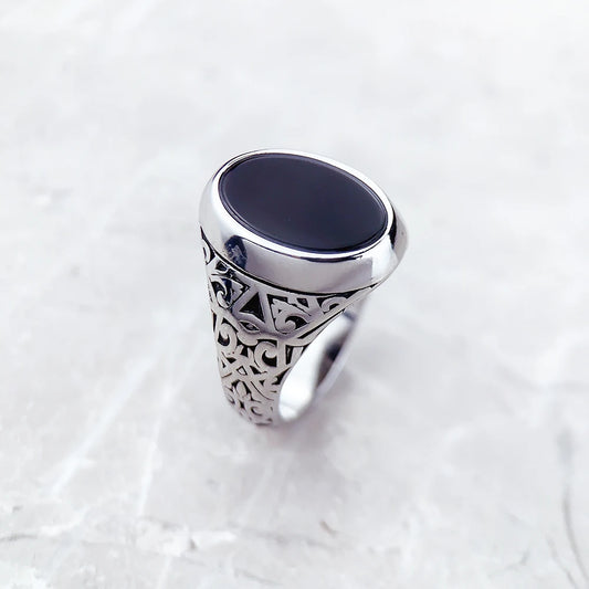 Chevalière ovale noire style européen – Bijou raffiné pour femmes et hommes – Modèle estival neuf – Argent sterling 925 – Idée cadeau vintage