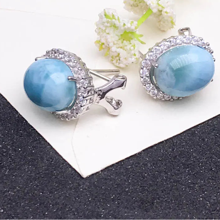 Boucles d'oreilles en argent sterling 925 et larimar bleu naturel pierre 10 x 12 mm