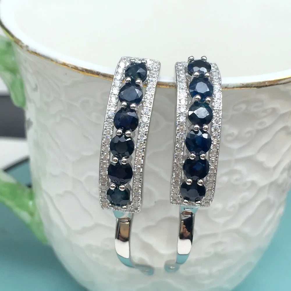 Boucles d'oreilles pour femme en argent massif 925 et saphir naturel bleu foncé