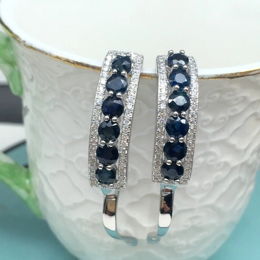 Boucles d'oreilles pour femme en argent massif 925 et saphir naturel bleu foncé