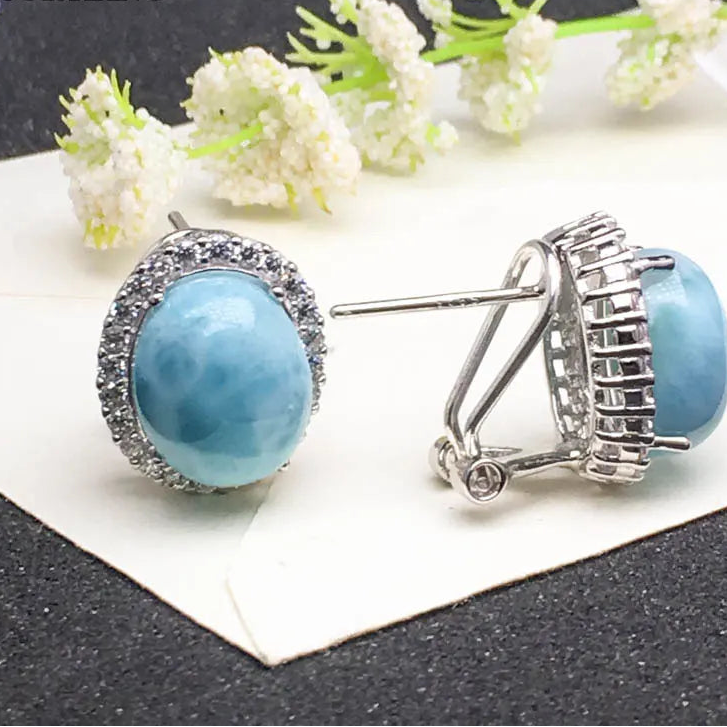 Boucles d'oreilles en argent sterling 925 et larimar bleu naturel pierre 10 x 12 mm
