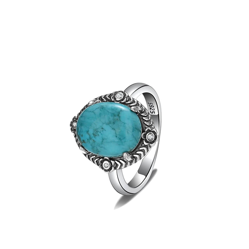 Bagues ovales en argent S925 Turquoise naturelle pour hommes et femmes, bijoux fins en argent