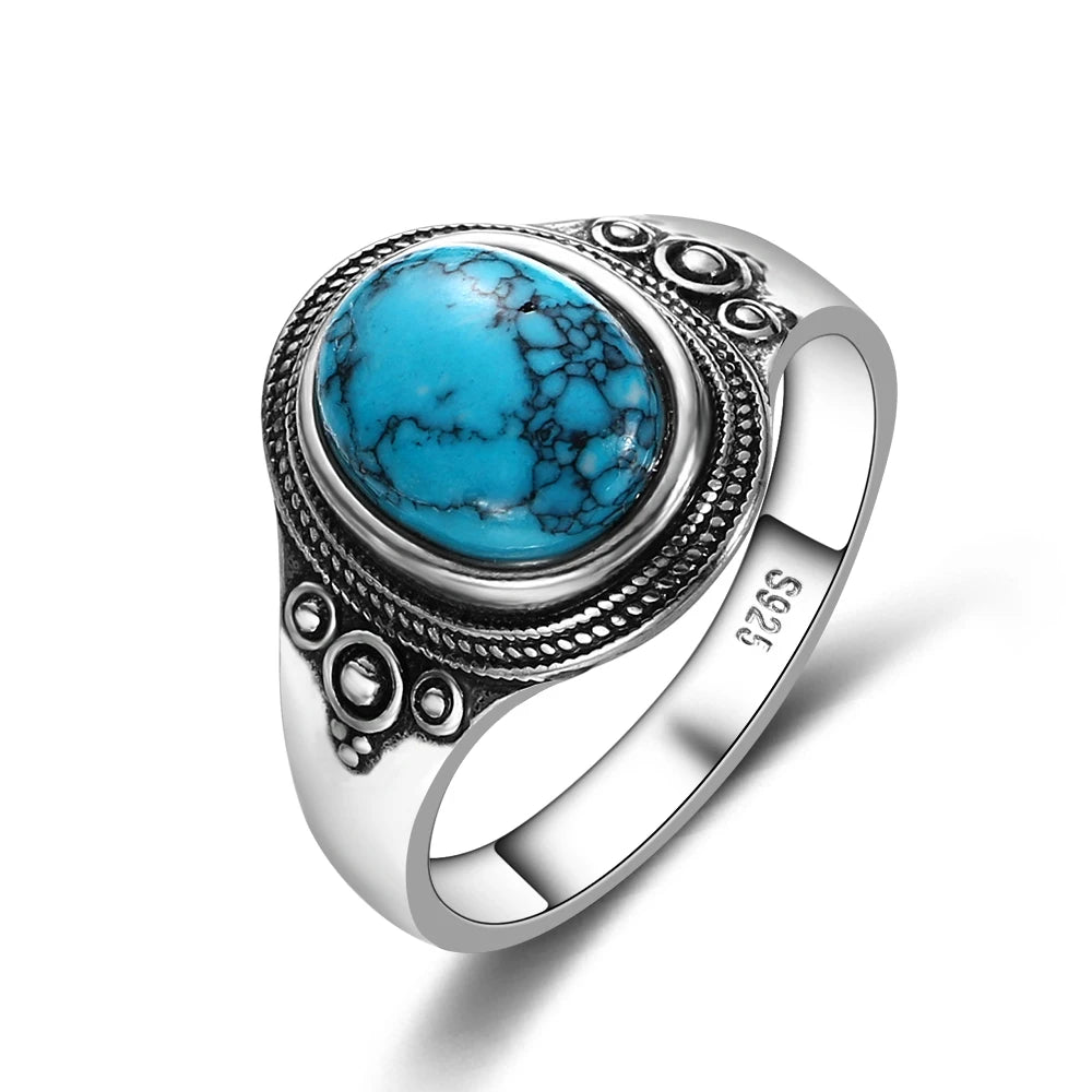 Bagues ovales en argent S925 Turquoise naturelle pour hommes et femmes, bijoux fins en argent