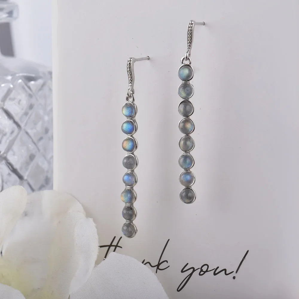 Boucles d'oreilles pendantes géométriques en argent 925 et labradorite – Élégantes boucles d'oreilles avec cercle et pendentif vertical – Bijou pour femme – Idée cadeau