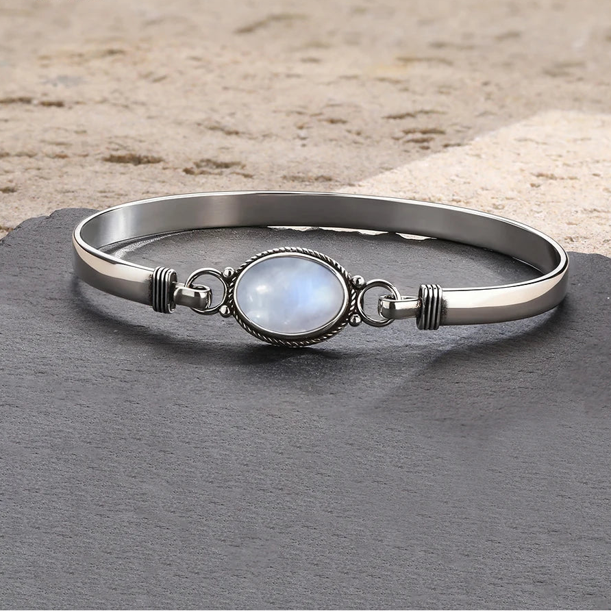Bracelet jonc vintage en argent 925 et pierre de lune ovale naturelle /Choix multiple
