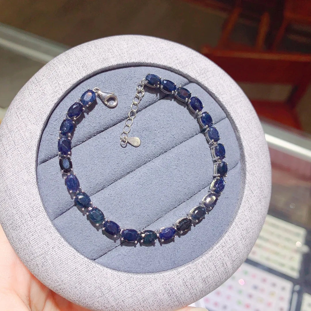 Bracelet Tennis 24 saphirs naturels authentiques bleu foncé (4 x 6 mm) montés sur argent 925