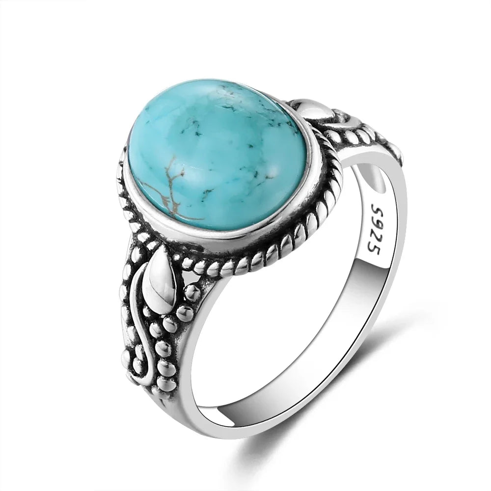 Bagues ovales en argent S925 Turquoise naturelle pour hommes et femmes, bijoux fins en argent