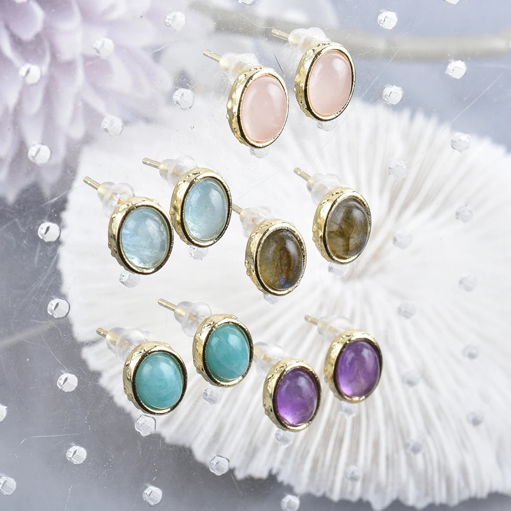 Boucles d'oreilles en argent 925 avec pierres précieuses ovales (labradorite, pierre de lune naturelle, quartz rose ou améthyste) – Clous d'oreilles délicats pour femme