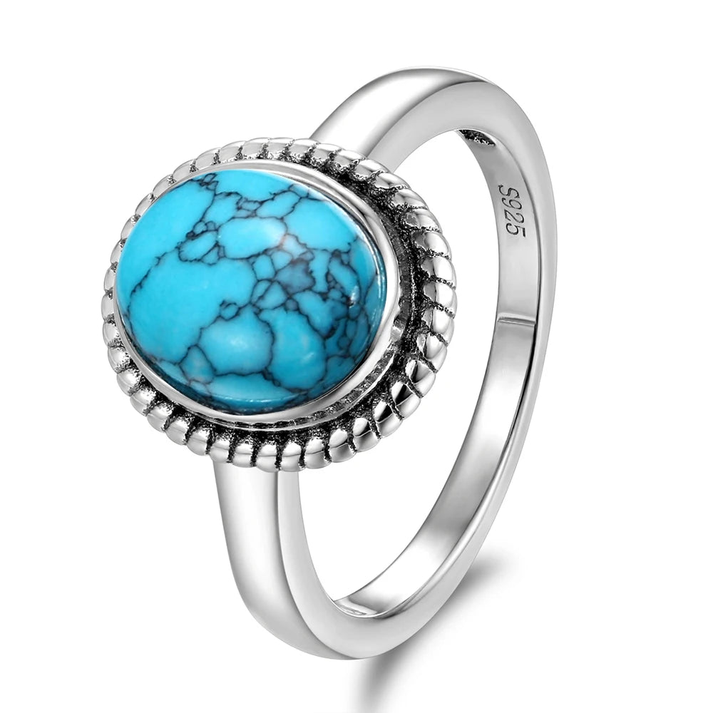 Bagues ovales en argent S925 Turquoise naturelle pour hommes et femmes, bijoux fins en argent