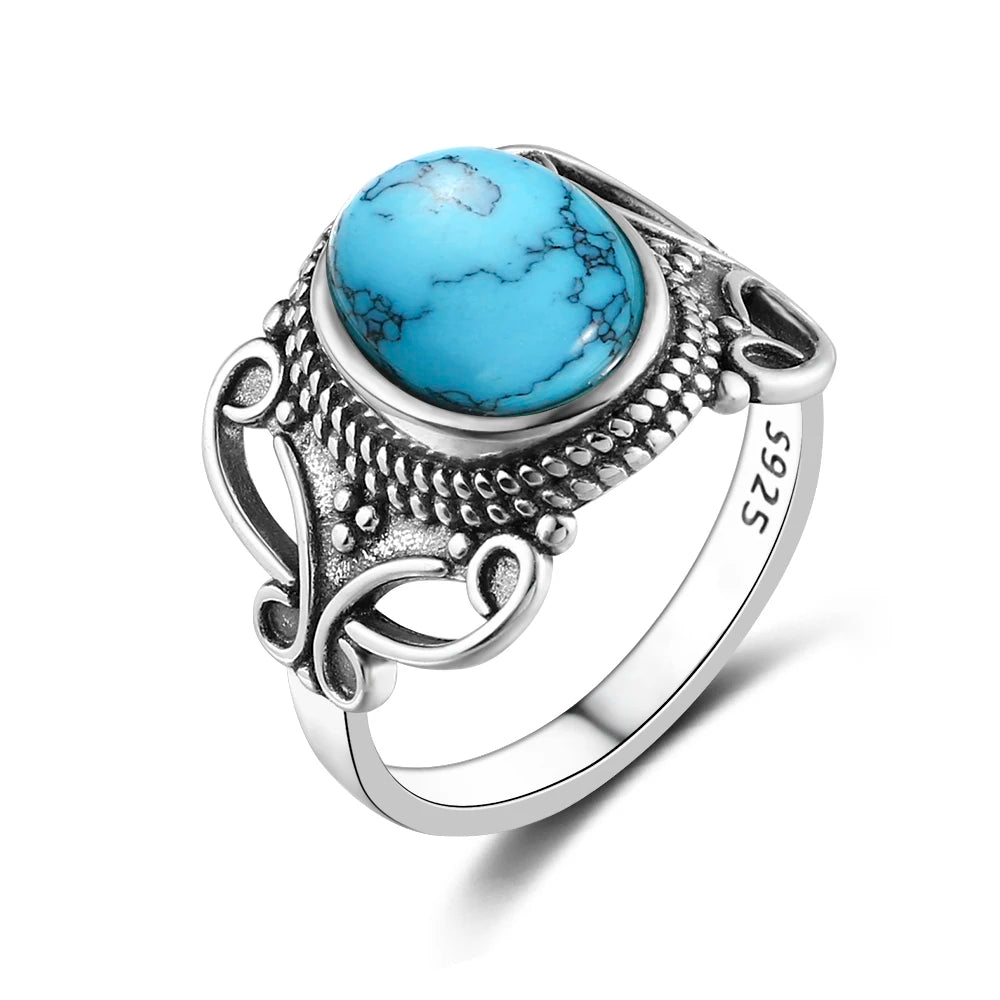 Bagues ovales en argent S925 Turquoise naturelle pour hommes et femmes, bijoux fins en argent