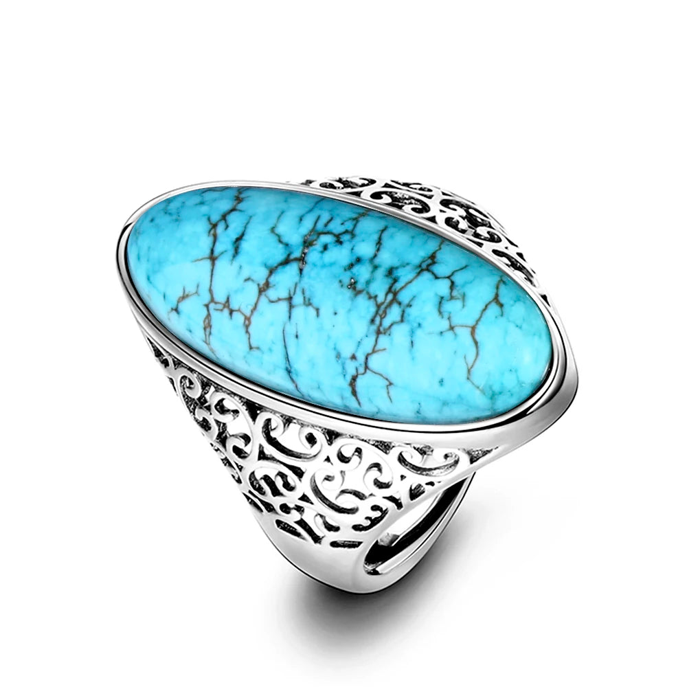 Bagues ovales en argent S925 Turquoise naturelle pour hommes et femmes, bijoux fins en argent