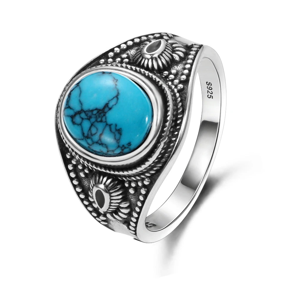 Bagues ovales en argent S925 Turquoise naturelle pour hommes et femmes, bijoux fins en argent