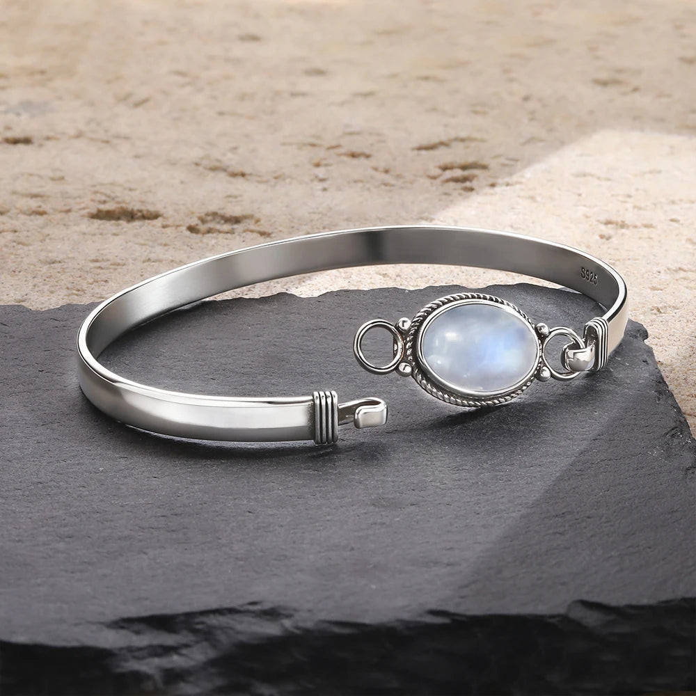 Bracelet jonc vintage en argent 925 et pierre de lune ovale naturelle /Choix multiple