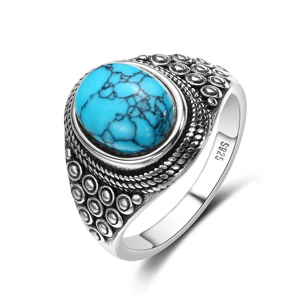 Bagues ovales en argent S925 Turquoise naturelle pour hommes et femmes, bijoux fins en argent