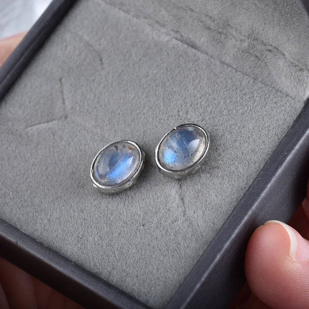 Boucles d'oreilles en argent 925 avec pierres précieuses ovales (labradorite, pierre de lune naturelle, quartz rose ou améthyste) – Clous d'oreilles délicats pour femme