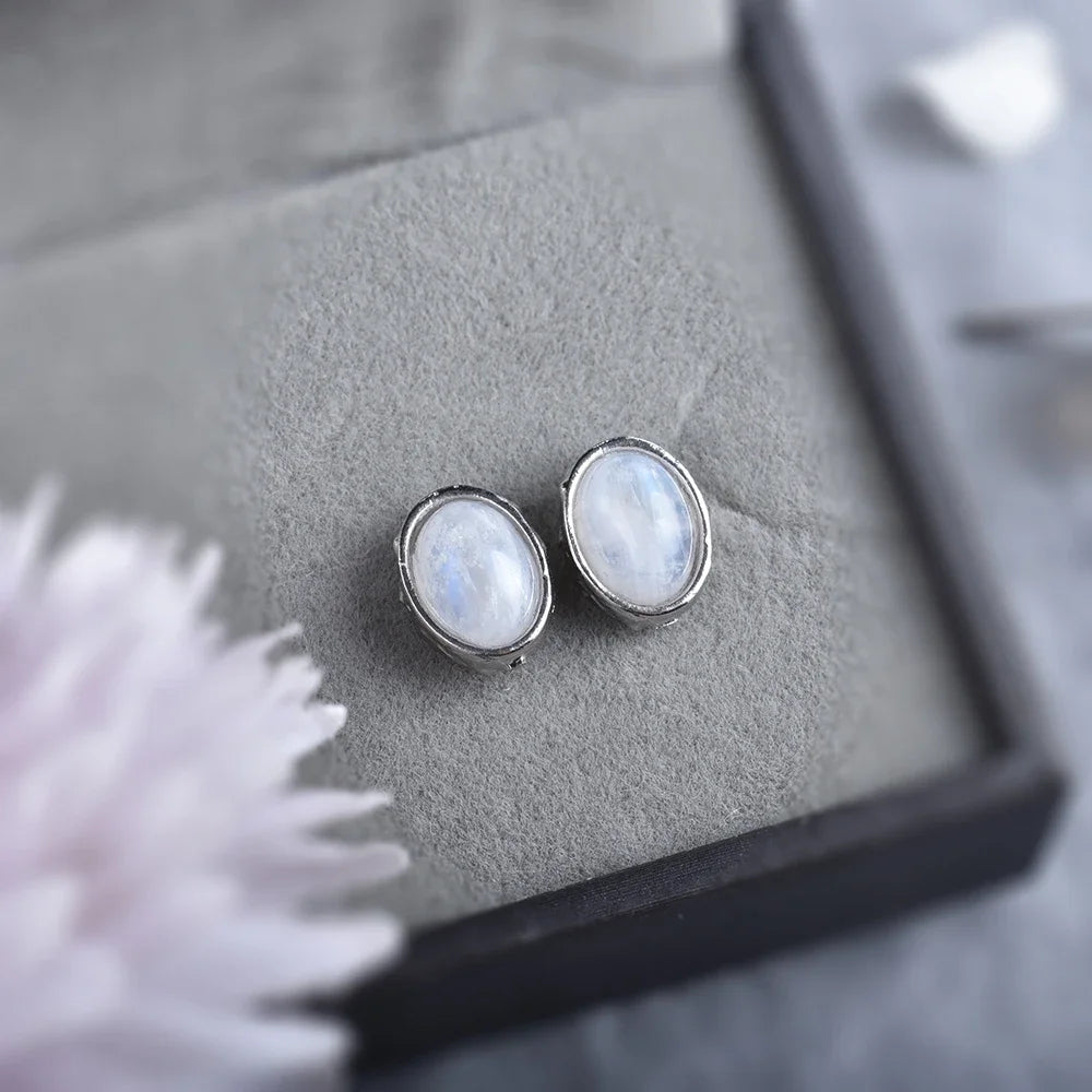 Boucles d'oreilles en argent 925 avec pierres précieuses ovales (labradorite, pierre de lune naturelle, quartz rose ou améthyste) – Clous d'oreilles délicats pour femme