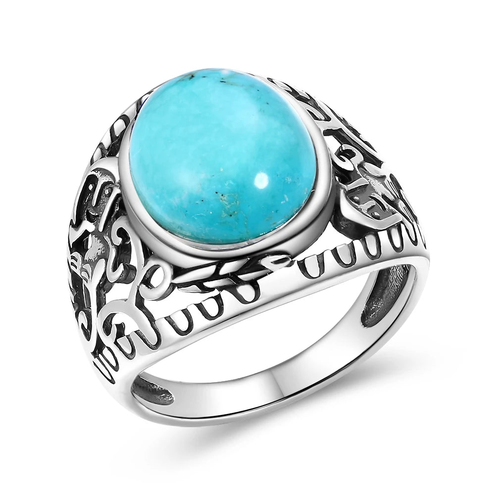 Bagues ovales en argent S925 Turquoise naturelle pour hommes et femmes, bijoux fins en argent