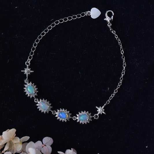 Bracelet plaqué argent rhodié avec opale bleue-verte naturelle, pendentif roue porte-bonheur et breloque balançoire, bijou classique pour femme, cadeau spécial