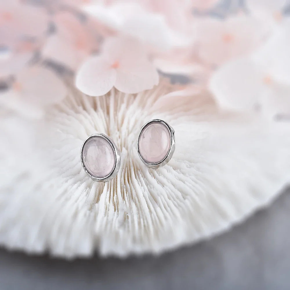 Boucles d'oreilles en argent 925 avec pierres précieuses ovales (labradorite, pierre de lune naturelle, quartz rose ou améthyste) – Clous d'oreilles délicats pour femme