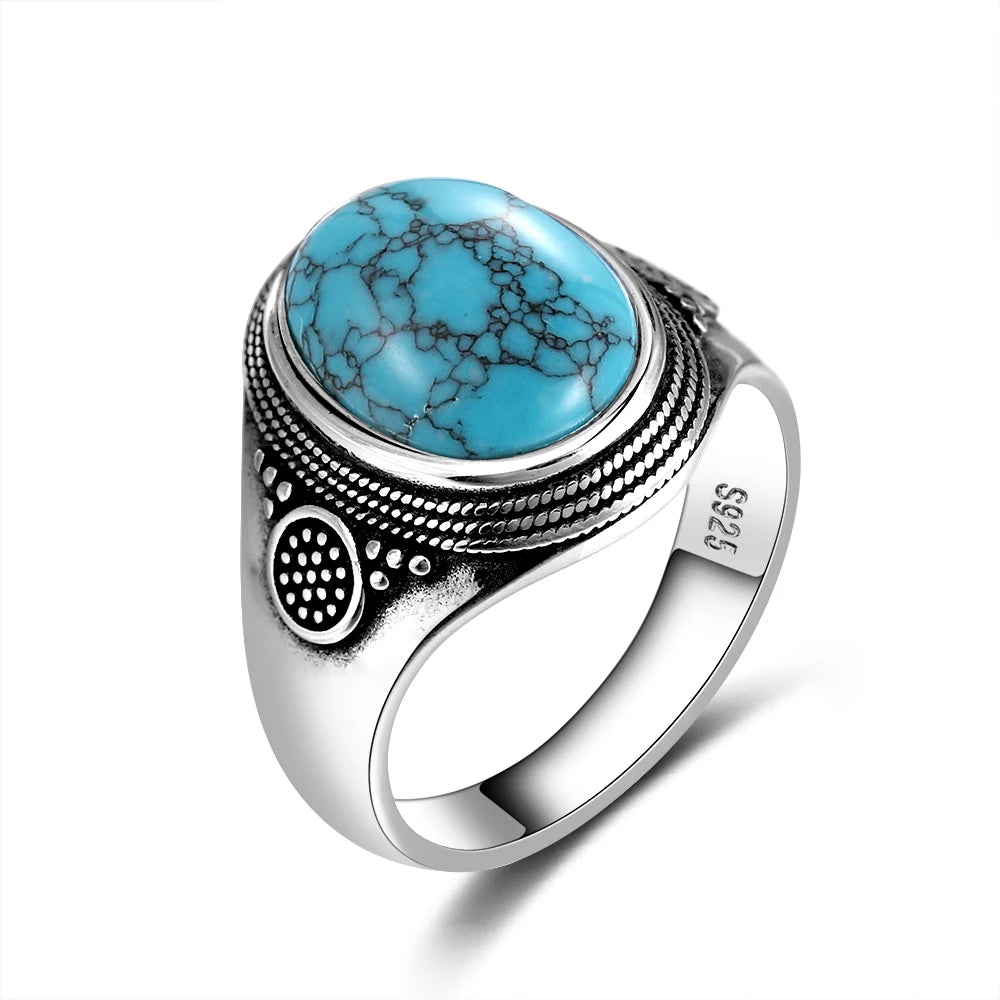 Bagues ovales en argent S925 Turquoise naturelle pour hommes et femmes, bijoux fins en argent
