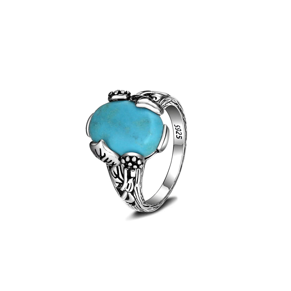 Bagues ovales en argent S925 Turquoise naturelle pour hommes et femmes, bijoux fins en argent