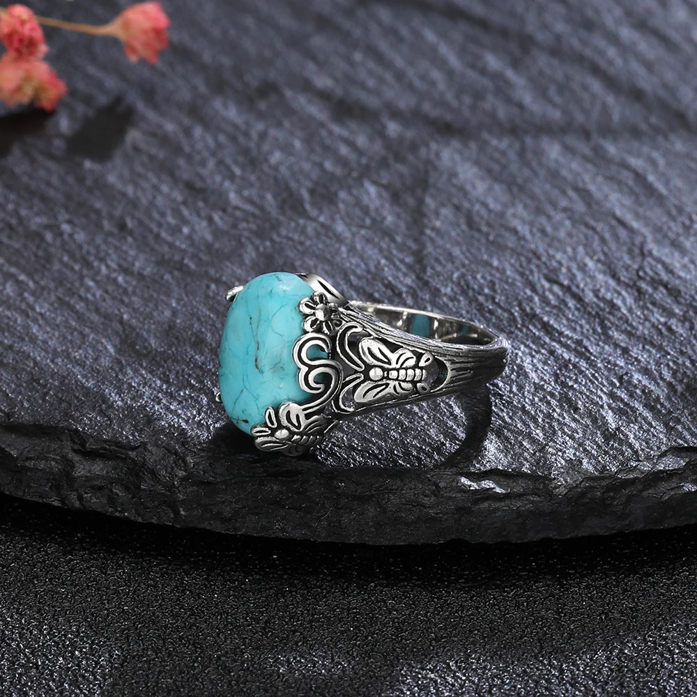 Bagues ovales en argent S925 Turquoise naturelle pour hommes et femmes, bijoux fins en argent