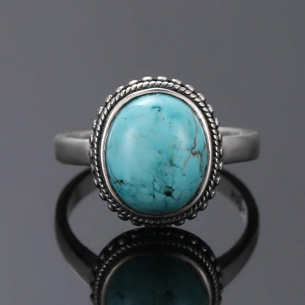 Bagues ovales en argent S925 Turquoise naturelle pour hommes et femmes, bijoux fins en argent