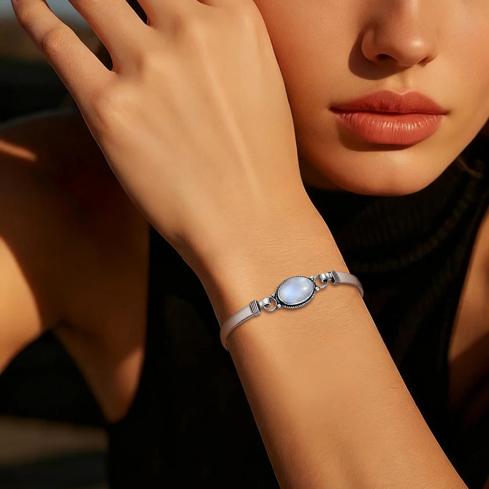 Bracelet jonc vintage en argent 925 et pierre de lune ovale naturelle /Choix multiple