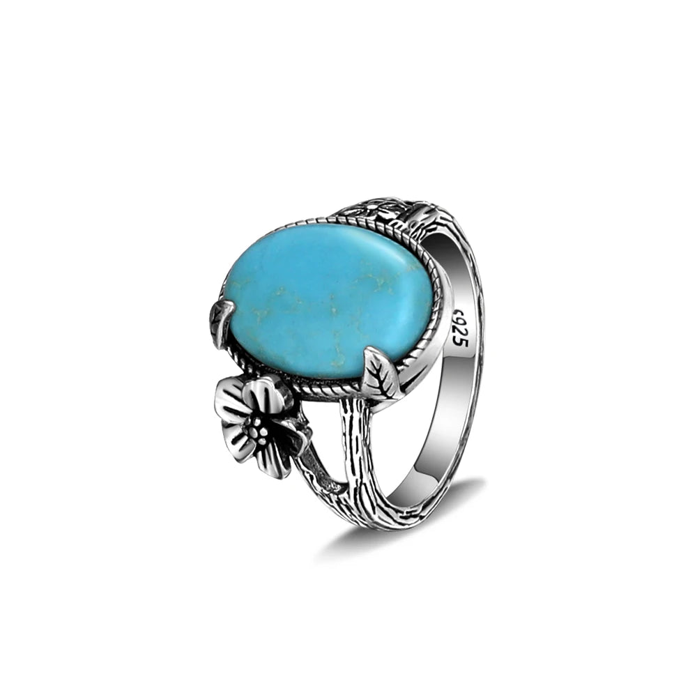 Bagues ovales en argent S925 Turquoise naturelle pour hommes et femmes, bijoux fins en argent