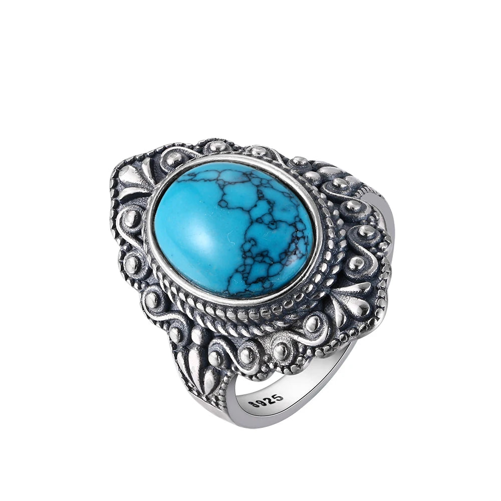 Bagues ovales en argent S925 Turquoise naturelle pour hommes et femmes, bijoux fins en argent