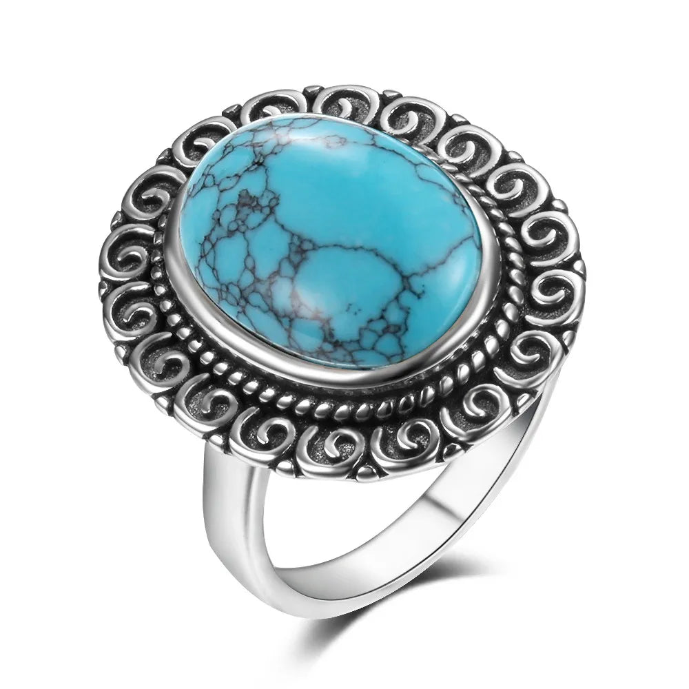Bagues ovales en argent S925 Turquoise naturelle pour hommes et femmes, bijoux fins en argent