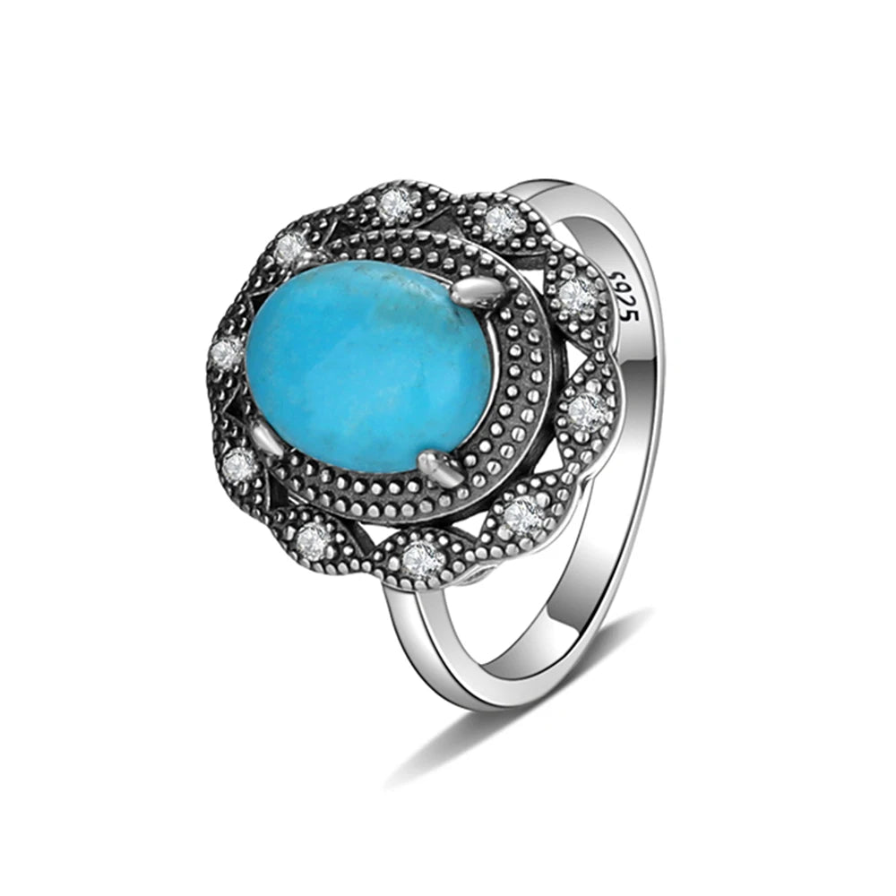 Bagues ovales en argent S925 Turquoise naturelle pour hommes et femmes, bijoux fins en argent