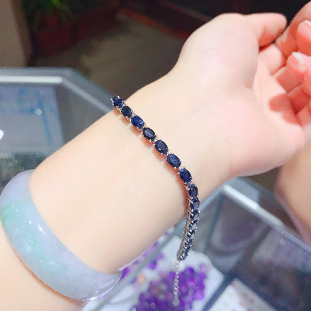 Bracelet Tennis 24 saphirs naturels authentiques bleu foncé (4 x 6 mm) montés sur argent 925