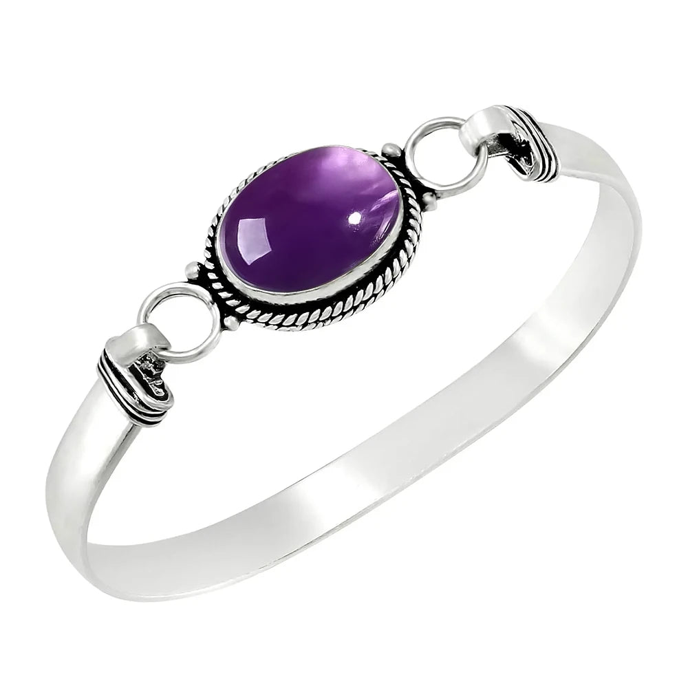 Bracelet jonc vintage en argent 925 et pierre de lune ovale naturelle /Choix multiple