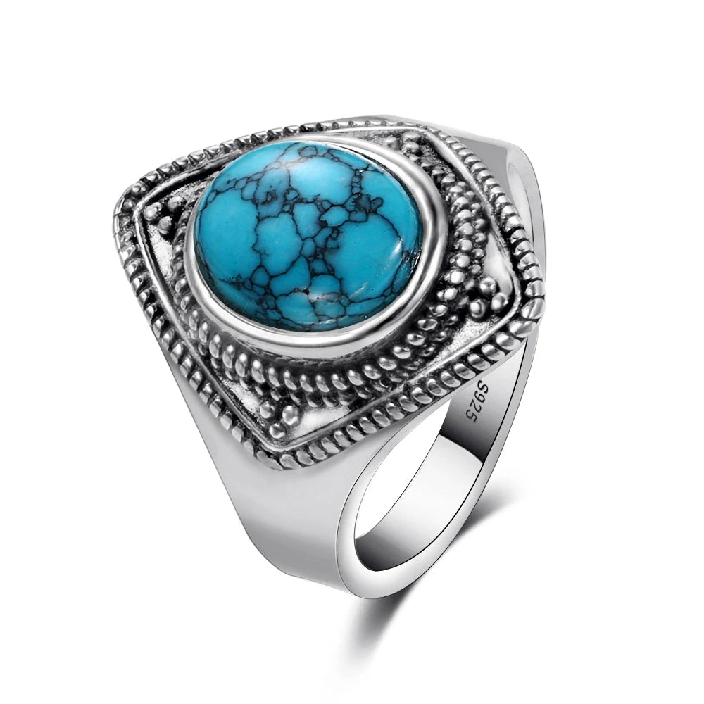 Bagues ovales en argent S925 Turquoise naturelle pour hommes et femmes, bijoux fins en argent