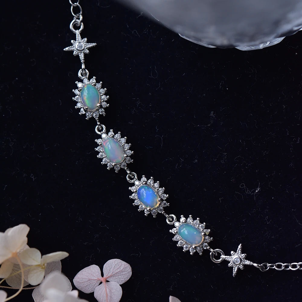 Bracelet plaqué argent rhodié avec opale bleue-verte naturelle, pendentif roue porte-bonheur et breloque balançoire, bijou classique pour femme, cadeau spécial