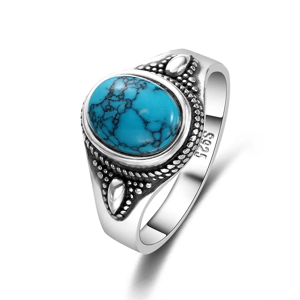 Bagues ovales en argent S925 Turquoise naturelle pour hommes et femmes, bijoux fins en argent
