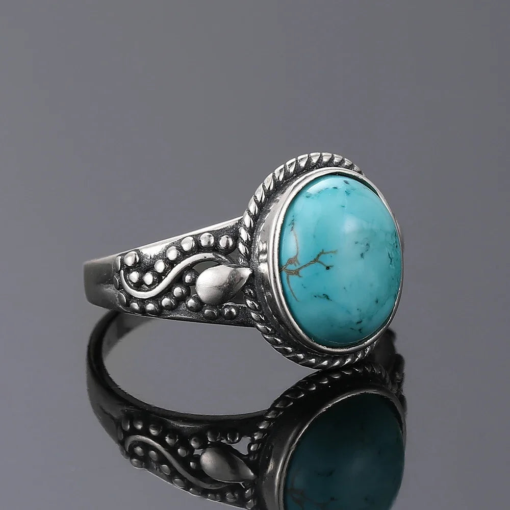 Bagues ovales en argent S925 Turquoise naturelle pour hommes et femmes, bijoux fins en argent