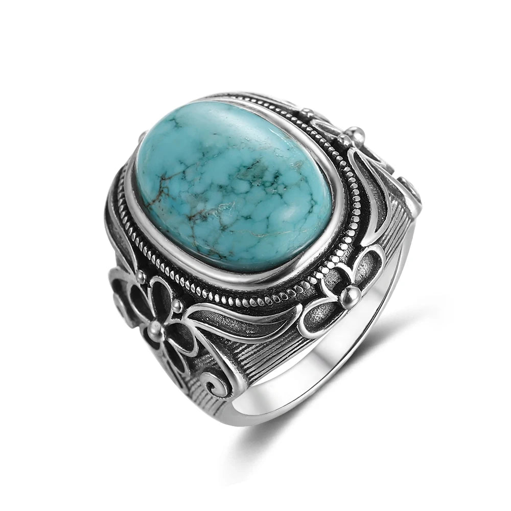 Bagues ovales en argent S925 Turquoise naturelle pour hommes et femmes, bijoux fins en argent