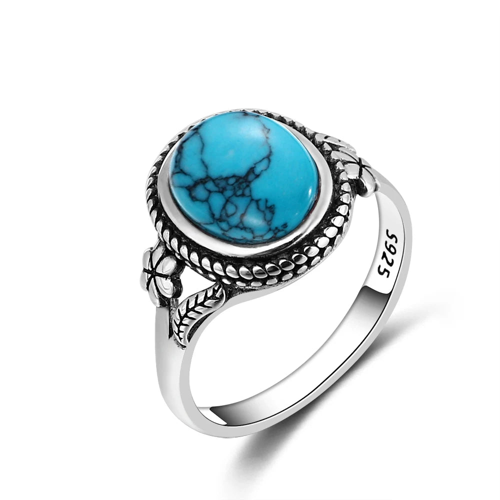 Bagues ovales en argent S925 Turquoise naturelle pour hommes et femmes, bijoux fins en argent