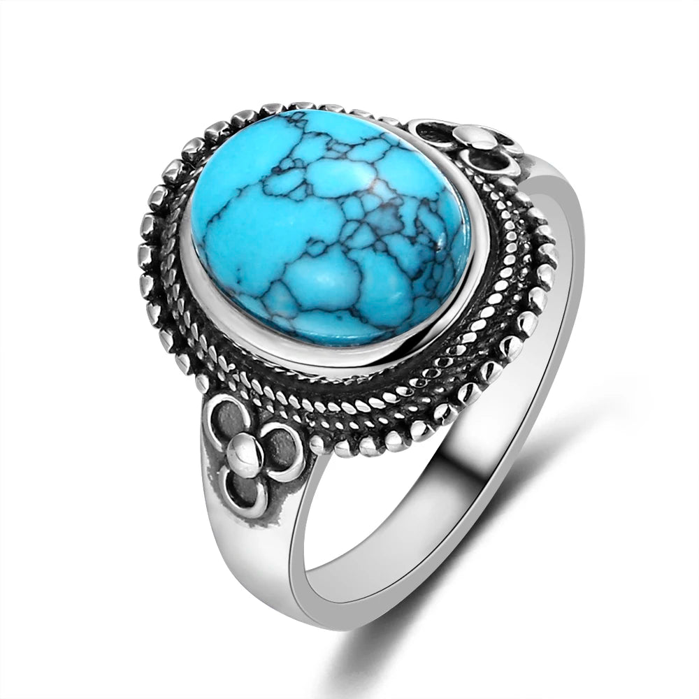 Bagues ovales en argent S925 Turquoise naturelle pour hommes et femmes, bijoux fins en argent