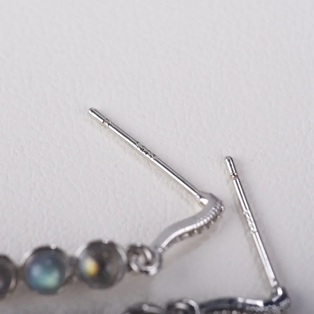 Boucles d'oreilles pendantes géométriques en argent 925 et labradorite – Élégantes boucles d'oreilles avec cercle et pendentif vertical – Bijou pour femme – Idée cadeau