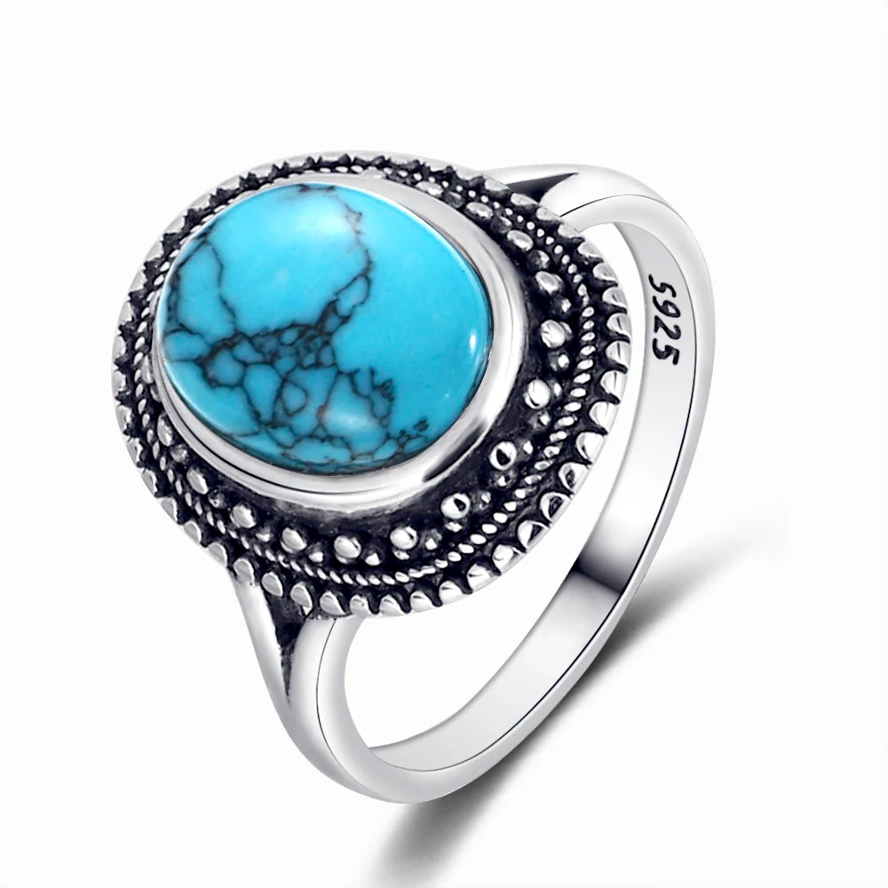 Bagues ovales en argent S925 Turquoise naturelle pour hommes et femmes, bijoux fins en argent