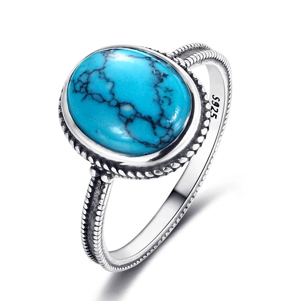 Bagues ovales en argent S925 Turquoise naturelle pour hommes et femmes, bijoux fins en argent
