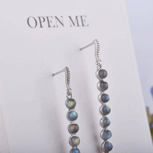 Boucles d'oreilles pendantes géométriques en argent 925 et labradorite – Élégantes boucles d'oreilles avec cercle et pendentif vertical – Bijou pour femme – Idée cadeau