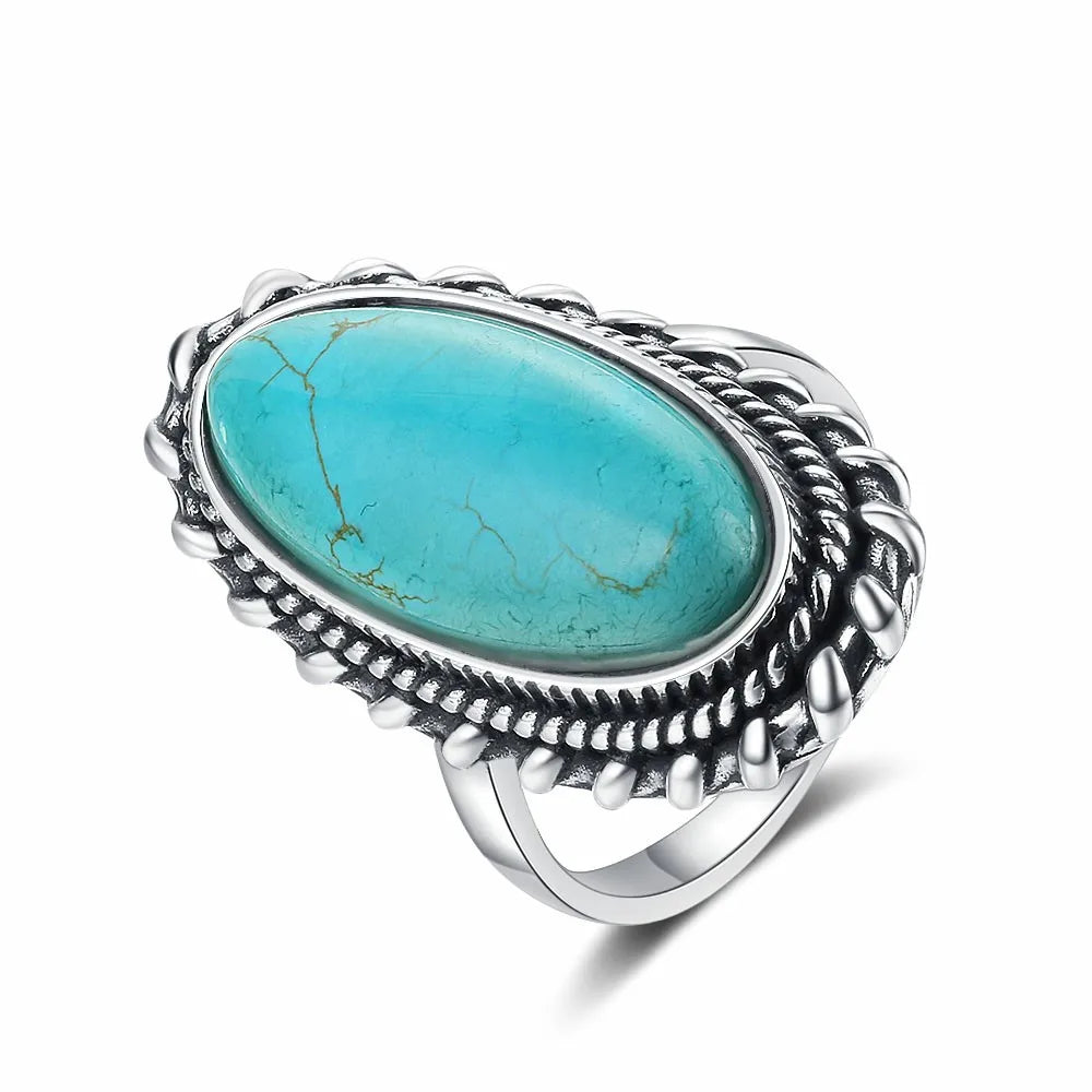 Bagues ovales en argent S925 Turquoise naturelle pour hommes et femmes, bijoux fins en argent
